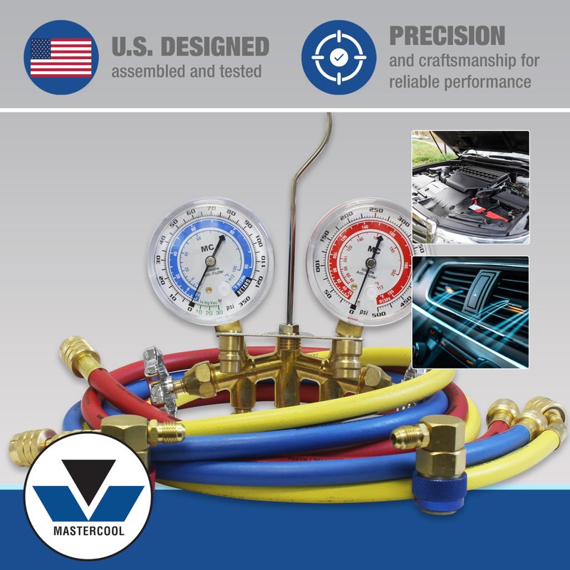 Mastercool 66661 2-Way Brass Manifold Gauge Set with 2 1/2" Silicone-Dampened Gauges, Economy Couplers, and 60" Hoses for R134a - U.S. Assembled & Tested - Image 2